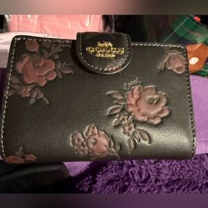 NWT Coach Embossed Floral Black Wallet with Flowers